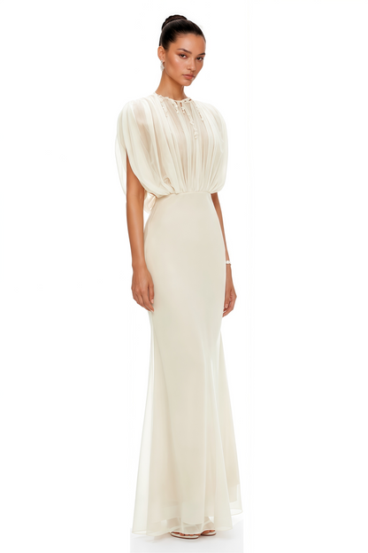 Svetlana File Panelli Krem Dantelli Maxi Elbise