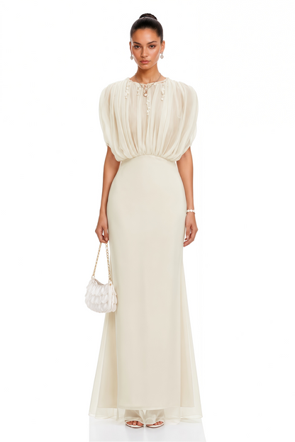 Svetlana File Panelli Krem Dantelli Maxi Elbise