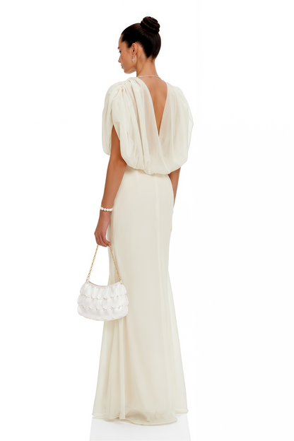 Svetlana File Panelli Krem Dantelli Maxi Elbise