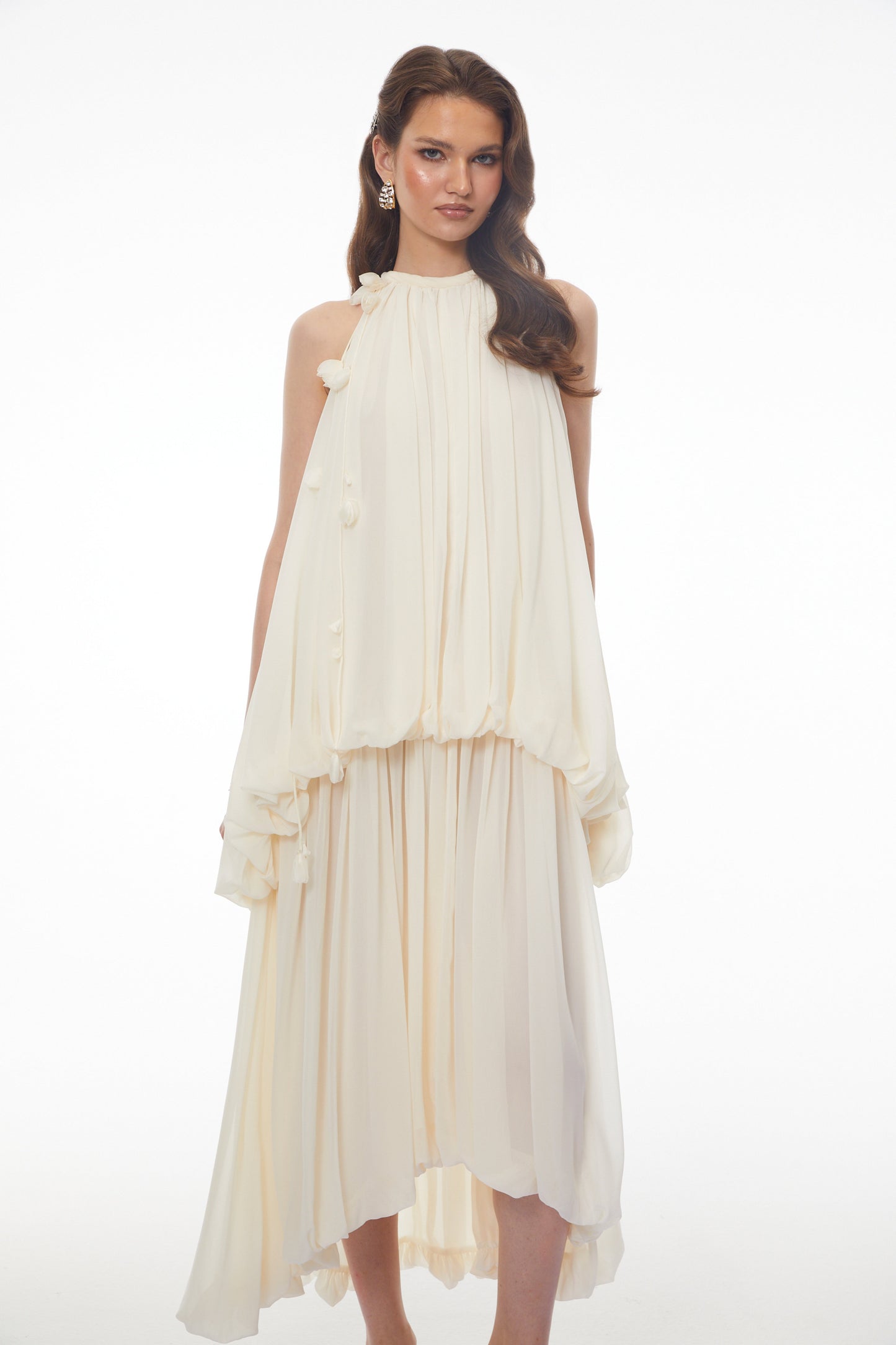 Svetlana White Halterneck Ruched Maxi Dress with 3D Florals