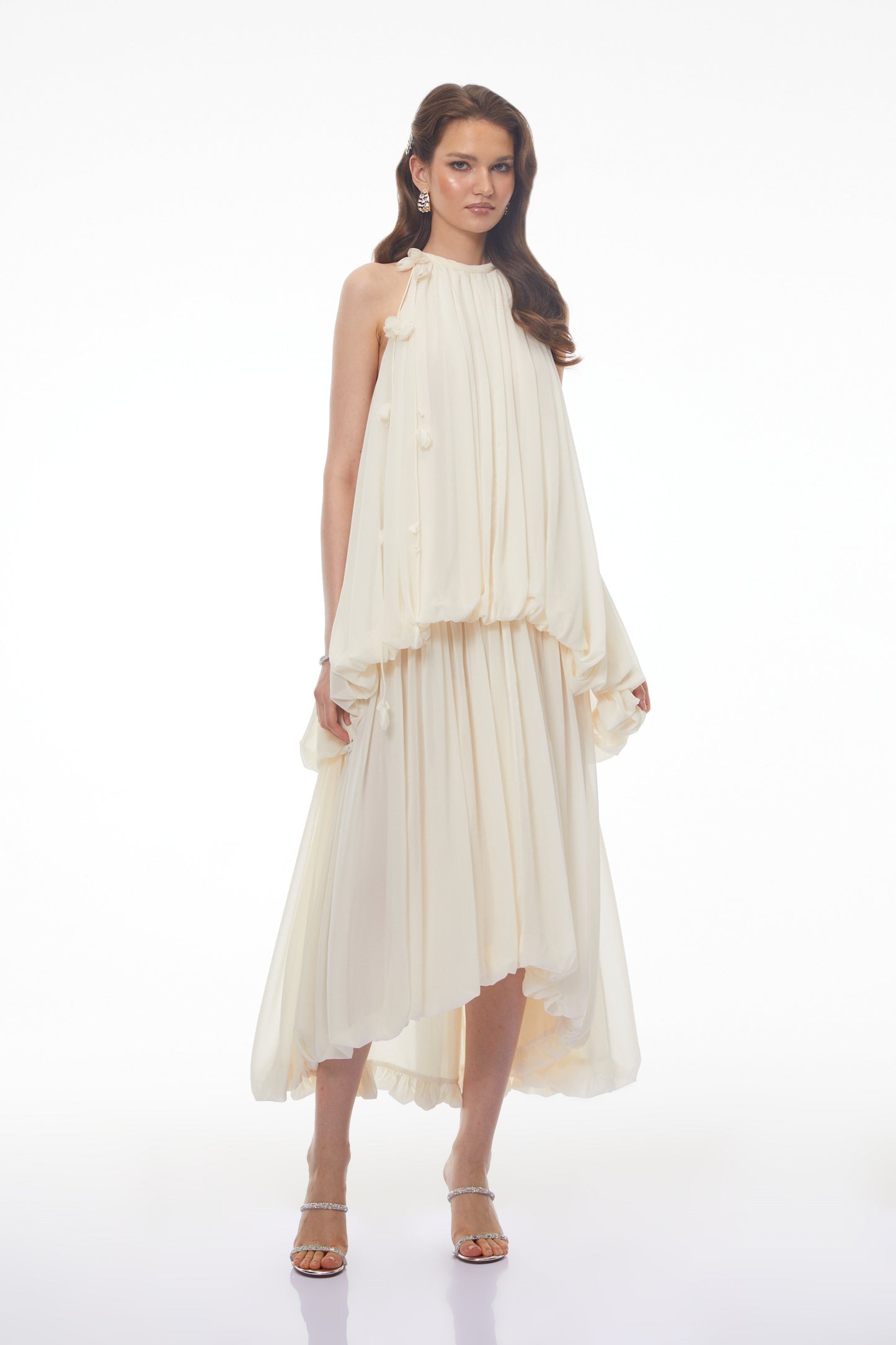 Svetlana White Halterneck Ruched Maxi Dress with 3D Florals