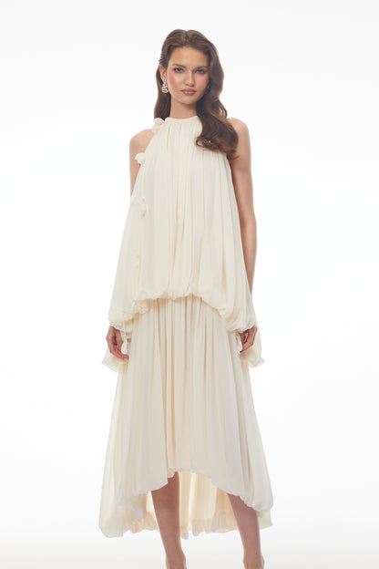 Svetlana White Halterneck Ruched Maxi Dress with 3D Florals