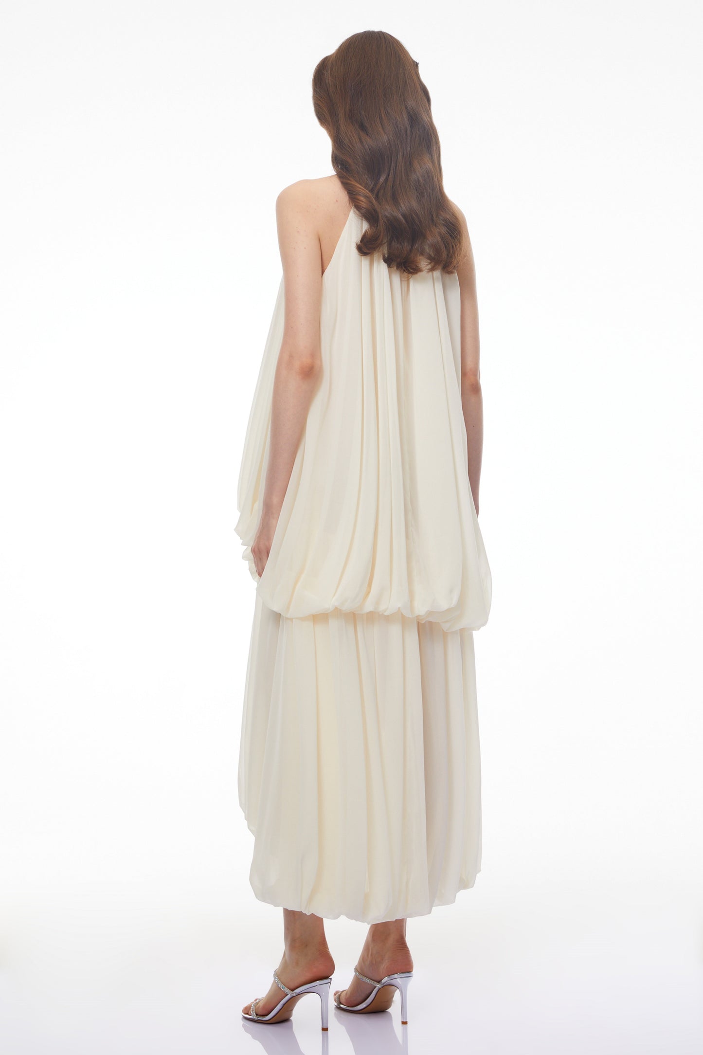 Svetlana White Halterneck Ruched Maxi Dress with 3D Florals