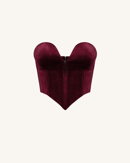 Anna Derin Yaka Kadife Korse Model Üst / Bluz - Bordo