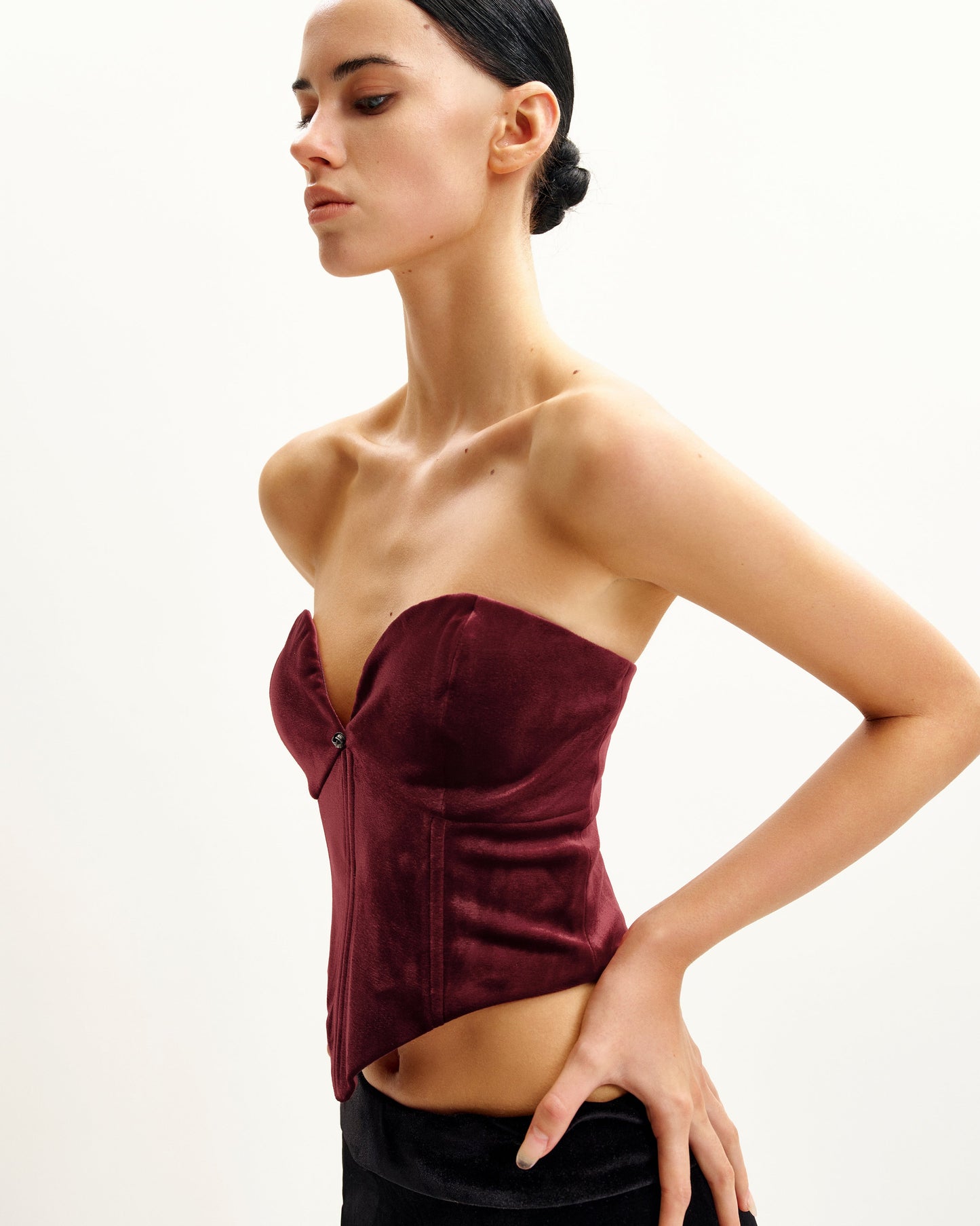 Anna Derin Yaka Kadife Korse Model Üst / Bluz - Bordo