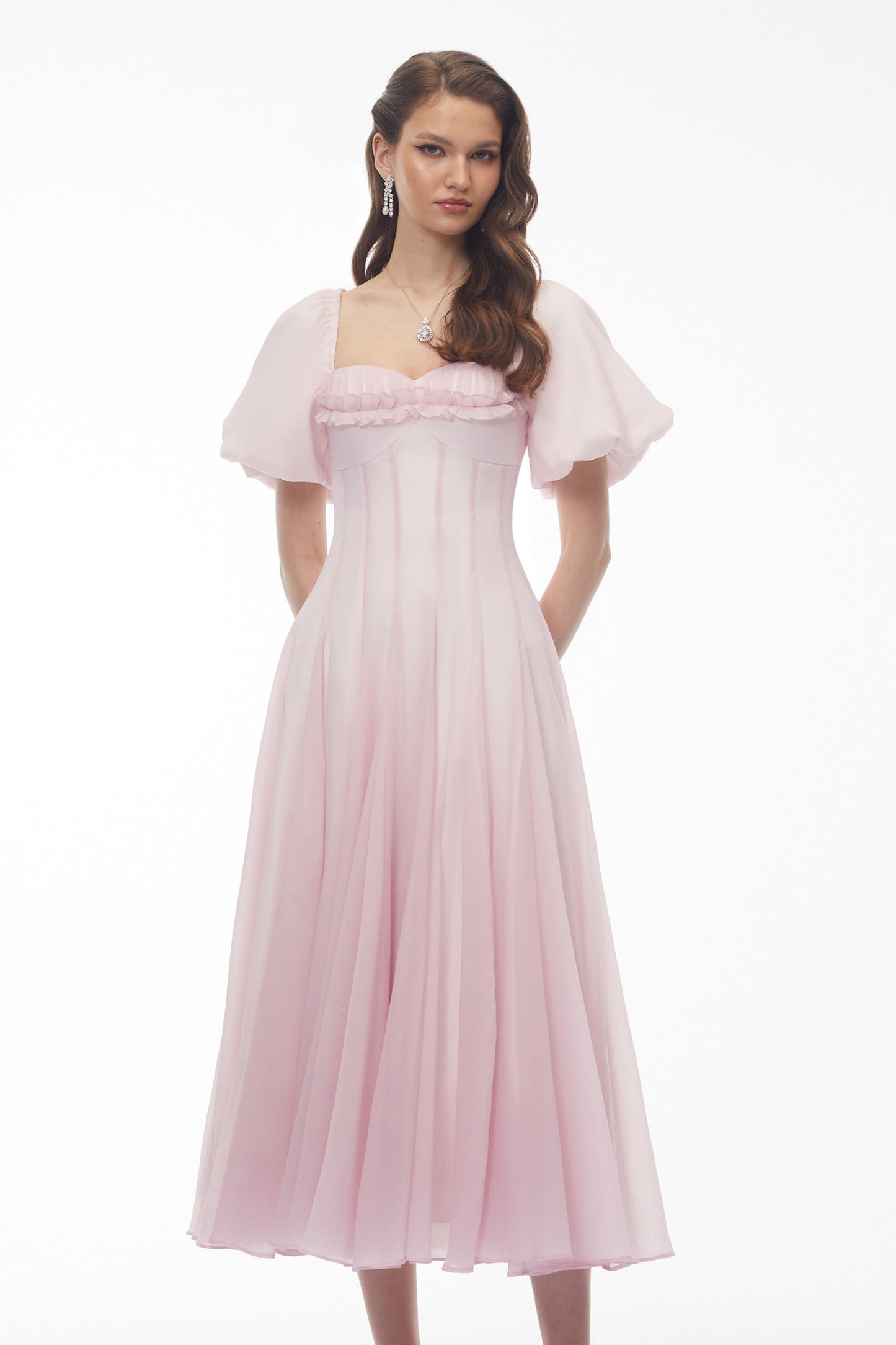 Tabata Pink Ruffled Pleated Midi Dress