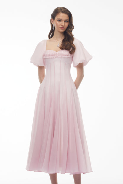 Tabata Pink Ruffled Pleated Midi Dress
