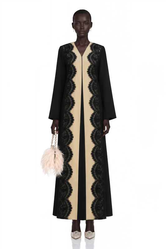 Talia Black Long Sleeves Lace Trim Maxi Coat