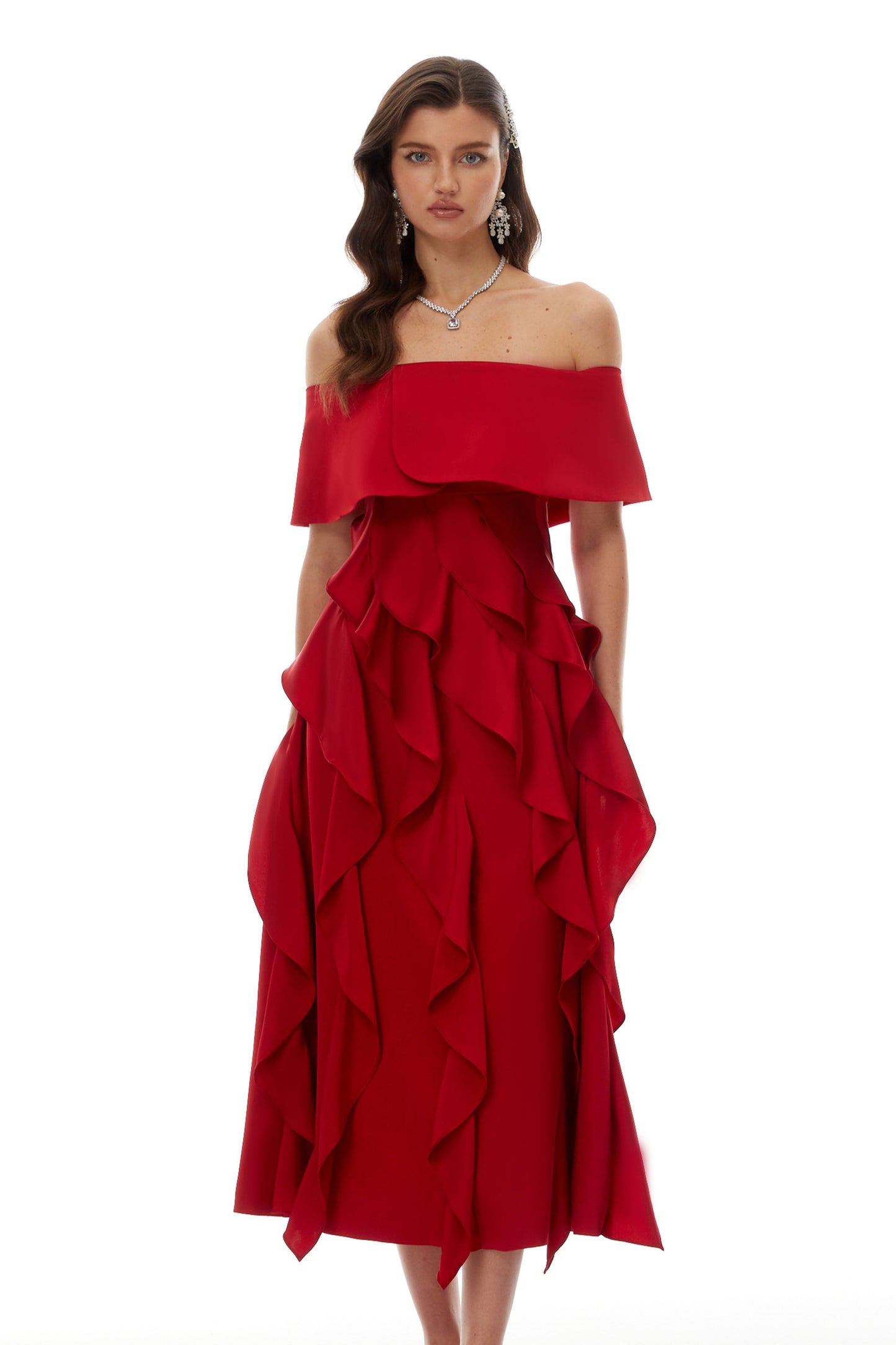 Tarjei Red Off-Shoulder Ruffled Midi Dress