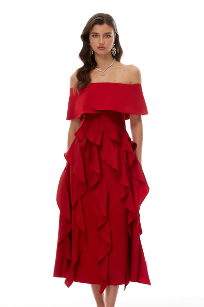 Tarjei Red Off-Shoulder Ruffled Midi Dress