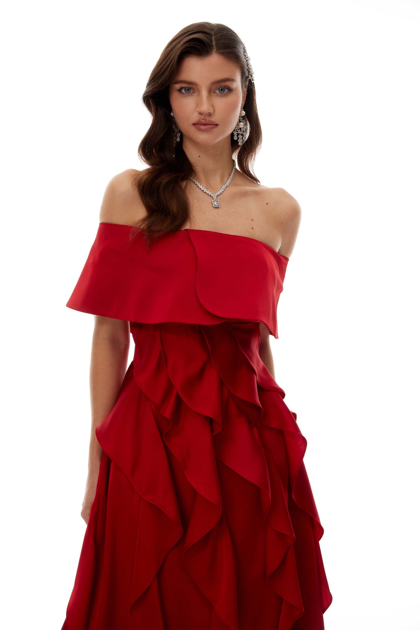 Tarjei Red Off-Shoulder Ruffled Midi Dress