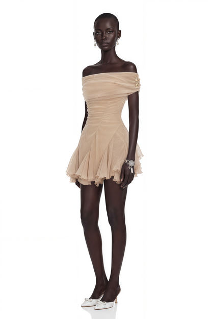 Tatiana Neutral Mesh Ruffled Mini Dress