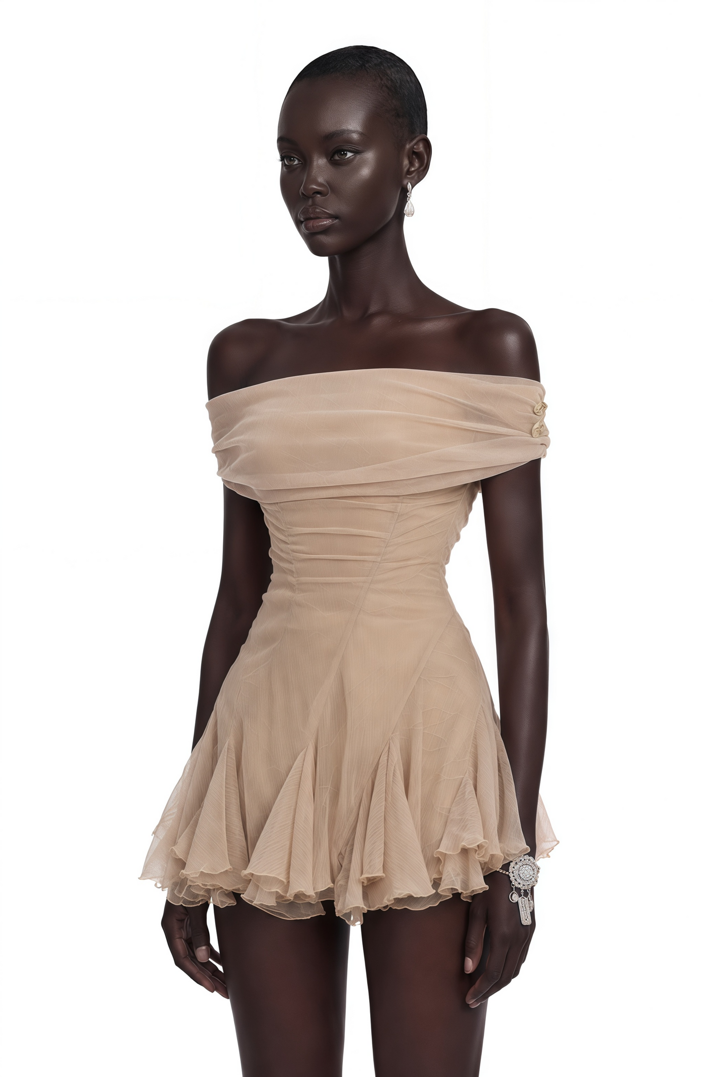 Tatiana Neutral Mesh Ruffled Mini Dress