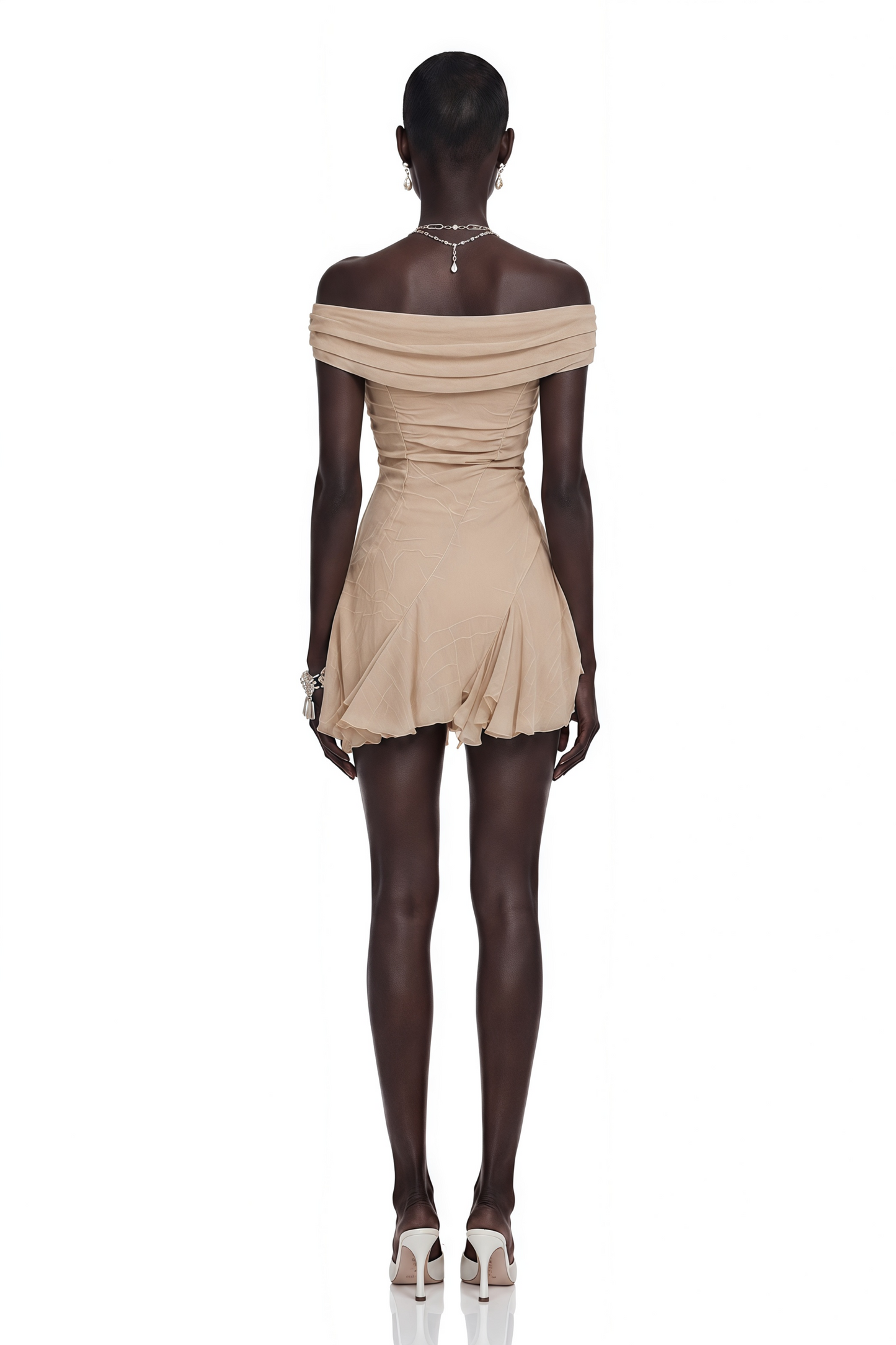 Tatiana Neutral Mesh Ruffled Mini Dress