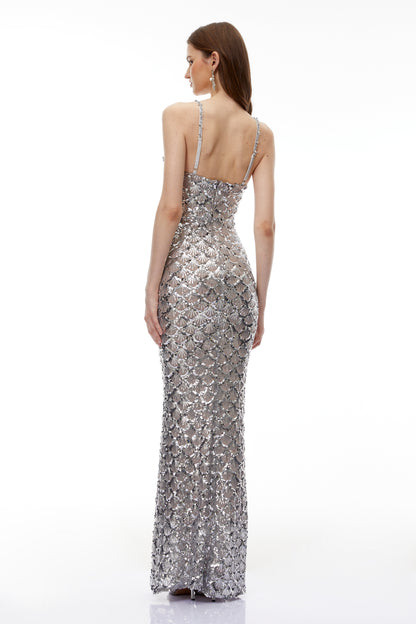 Tehila Silver Embellished Mermaid Maxi Dress