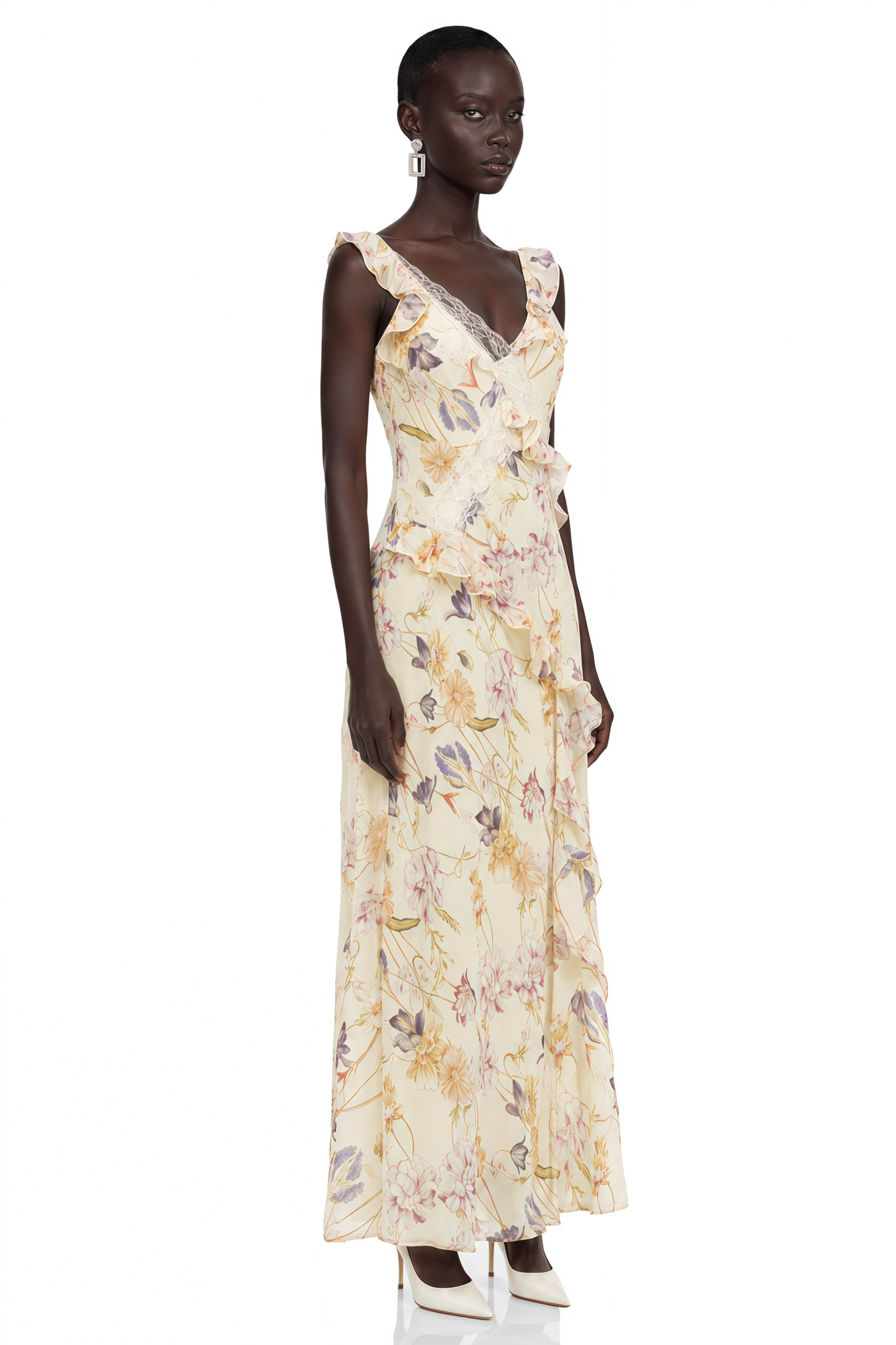 Teresa Cream Floral Print Midi Dress with Lace Panels