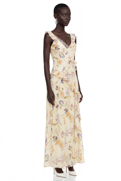 Teresa Cream Floral Print Midi Dress with Lace Panels