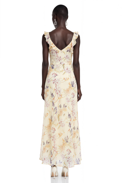 Teresa Cream Floral Print Midi Dress with Lace Panels