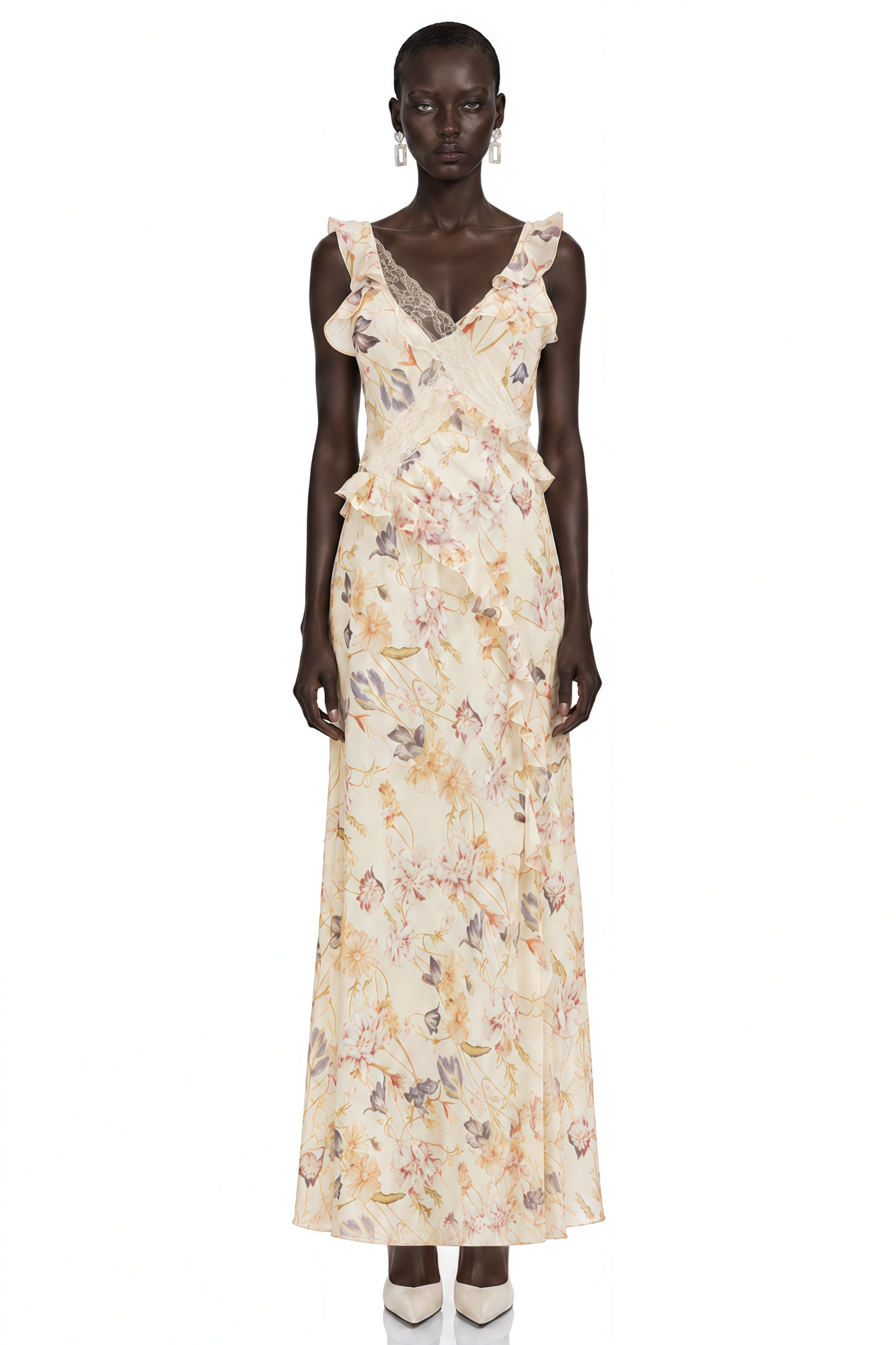 Teresa Cream Floral Print Midi Dress with Lace Panels