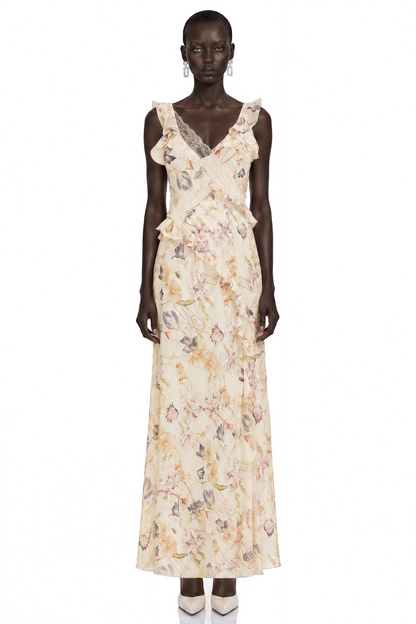 Teresa Cream Floral Print Midi Dress with Lace Panels