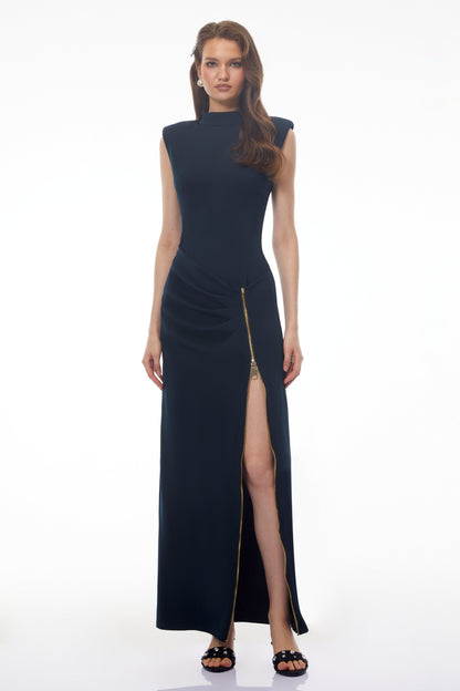 Tereza Dark Green High Neck Maxi Dress with Zip Slit