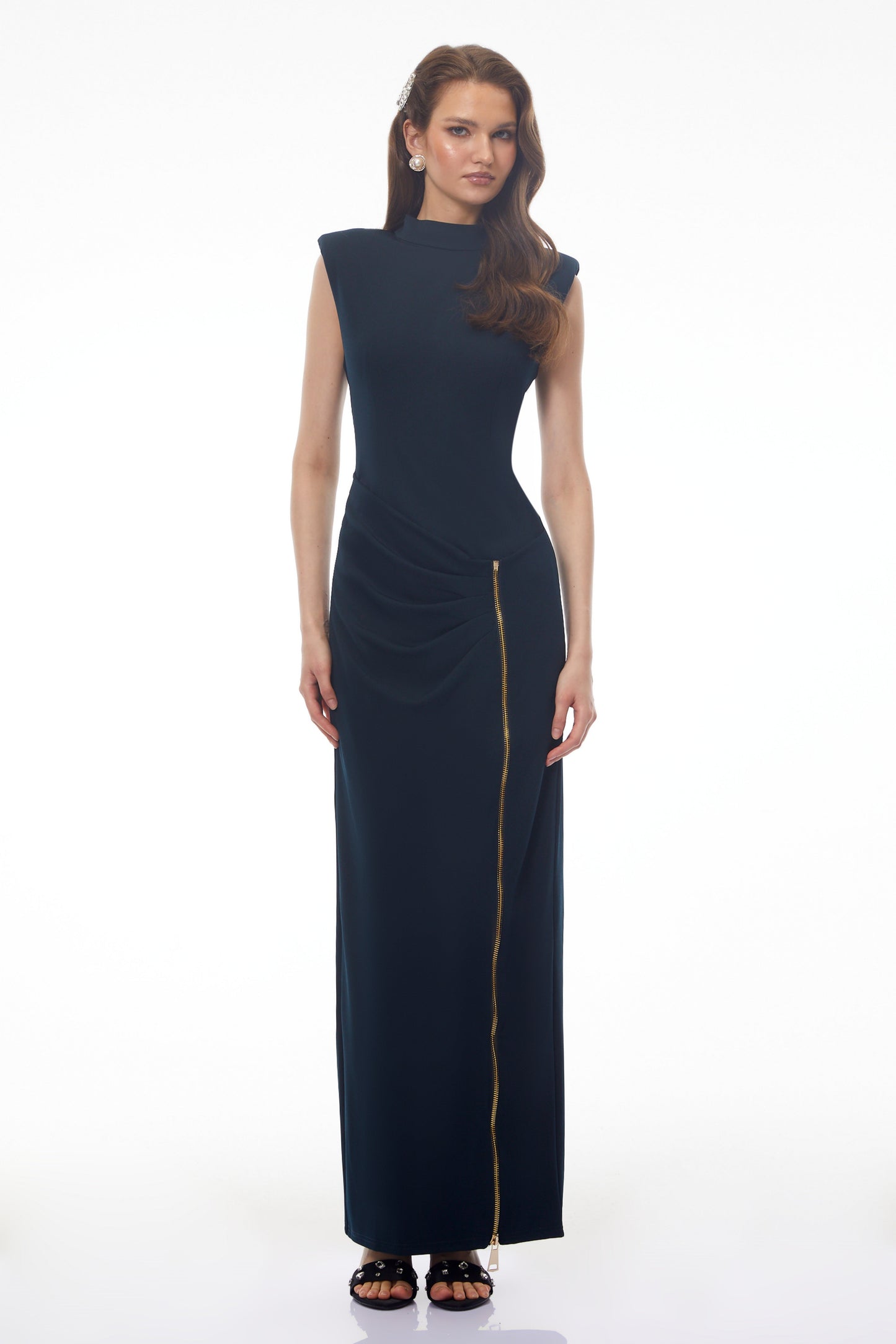 Tereza Dark Green High Neck Maxi Dress with Zip Slit