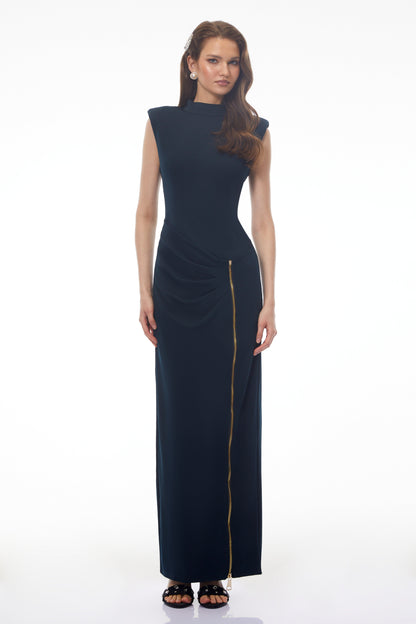 Tereza Dark Green High Neck Maxi Dress with Zip Slit