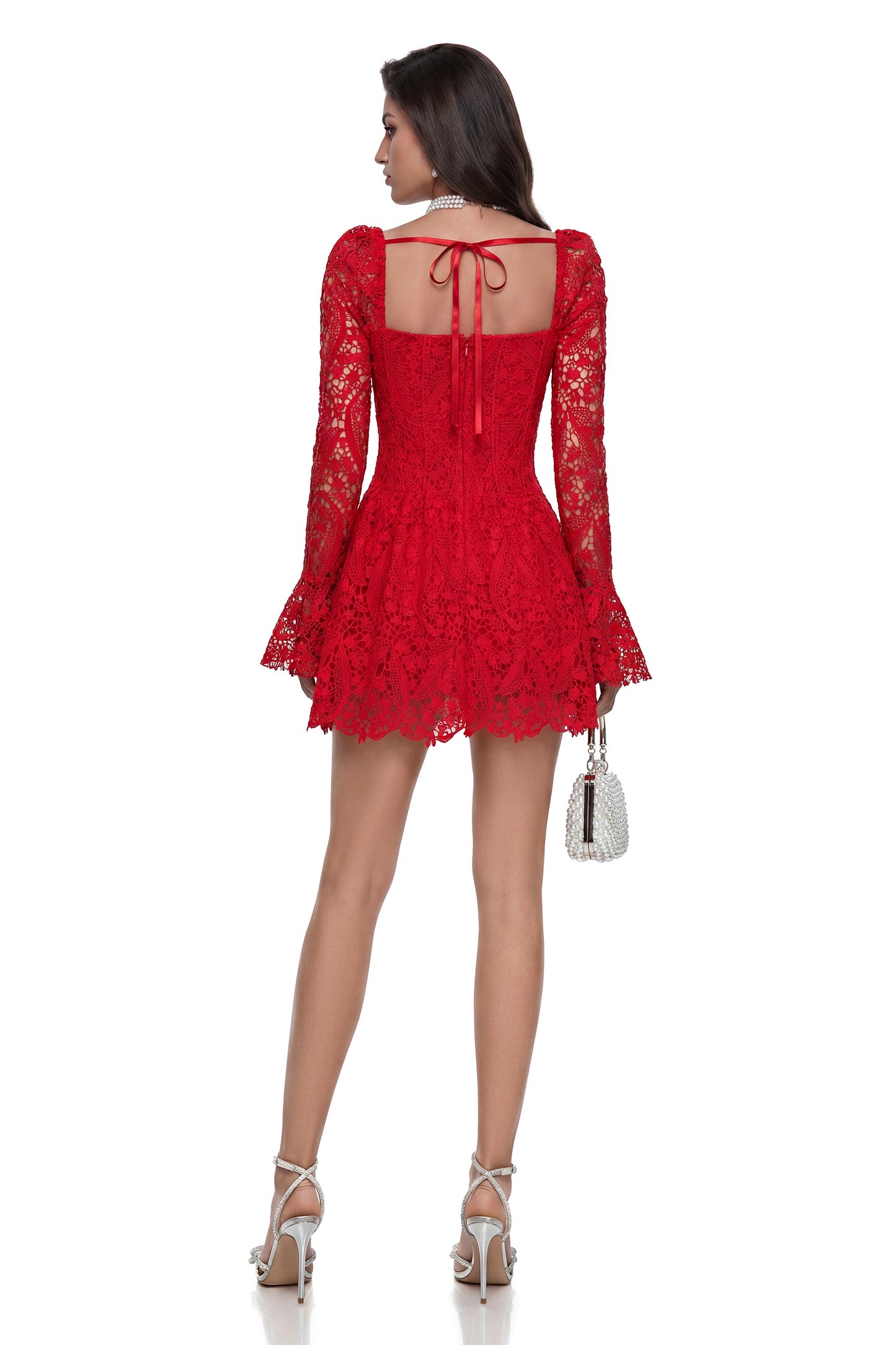 Tereza Red Ruched Lace Mini Dress