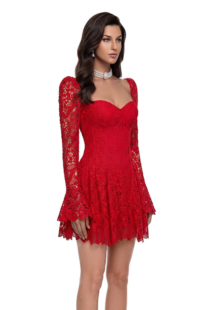 Tereza Red Ruched Lace Mini Dress