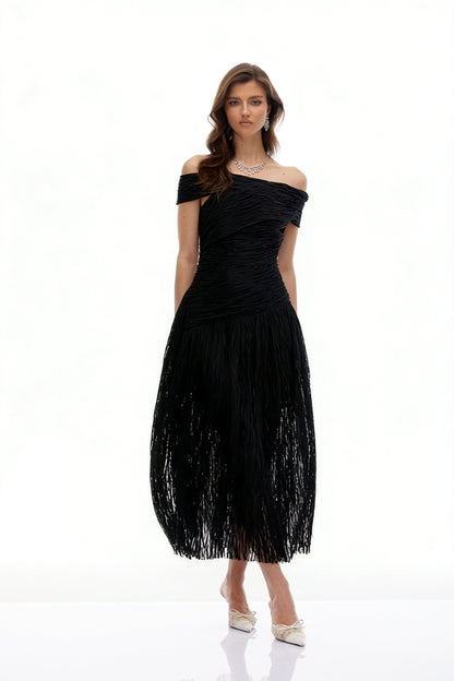 Thale Black Asymmetrical Textured Ruched Midi Dress