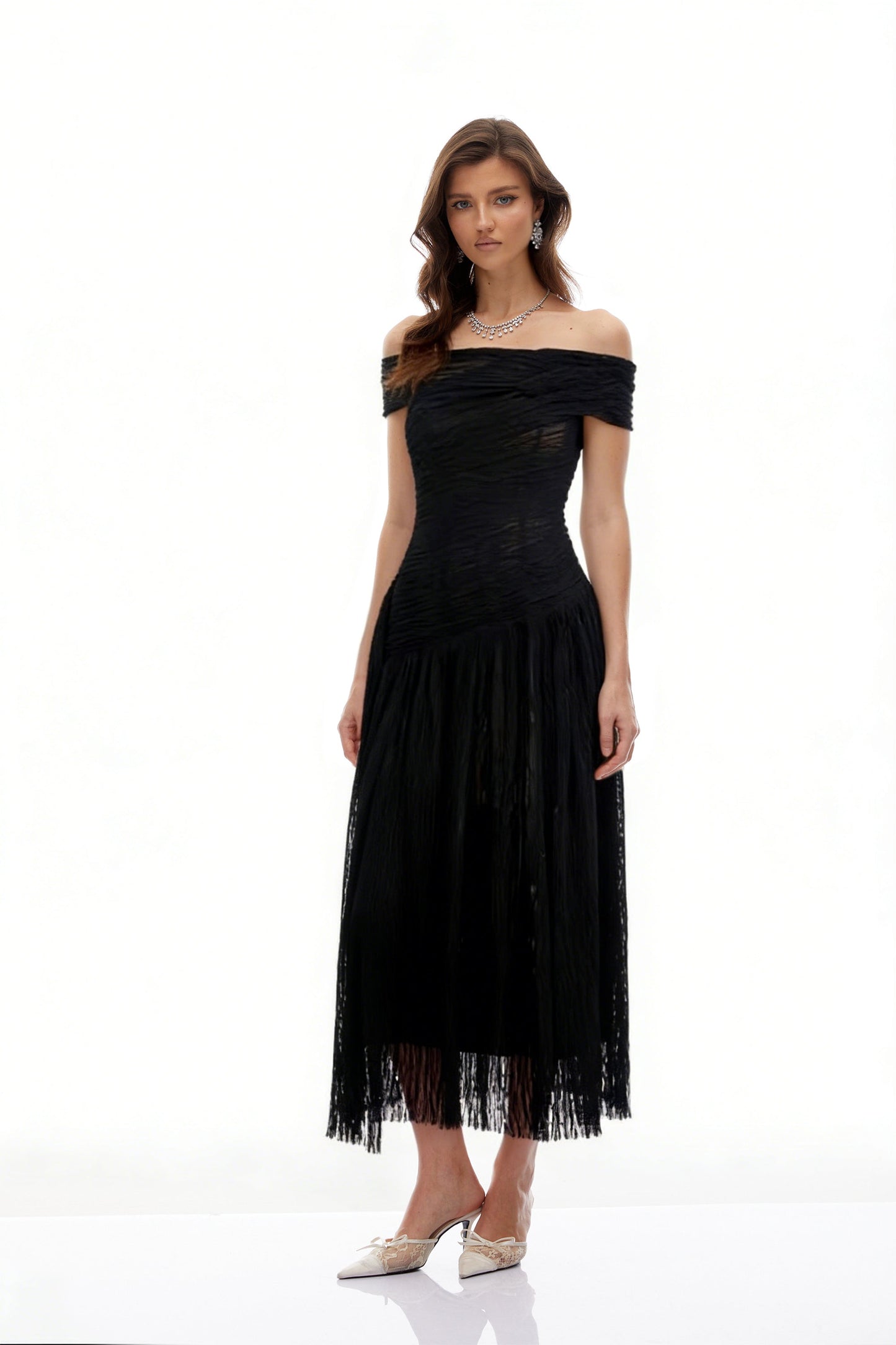 Thale Black Asymmetrical Textured Ruched Midi Dress