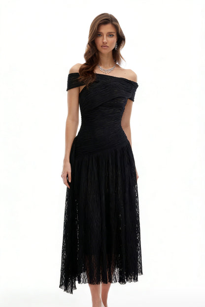 Thale Black Asymmetrical Textured Ruched Midi Dress
