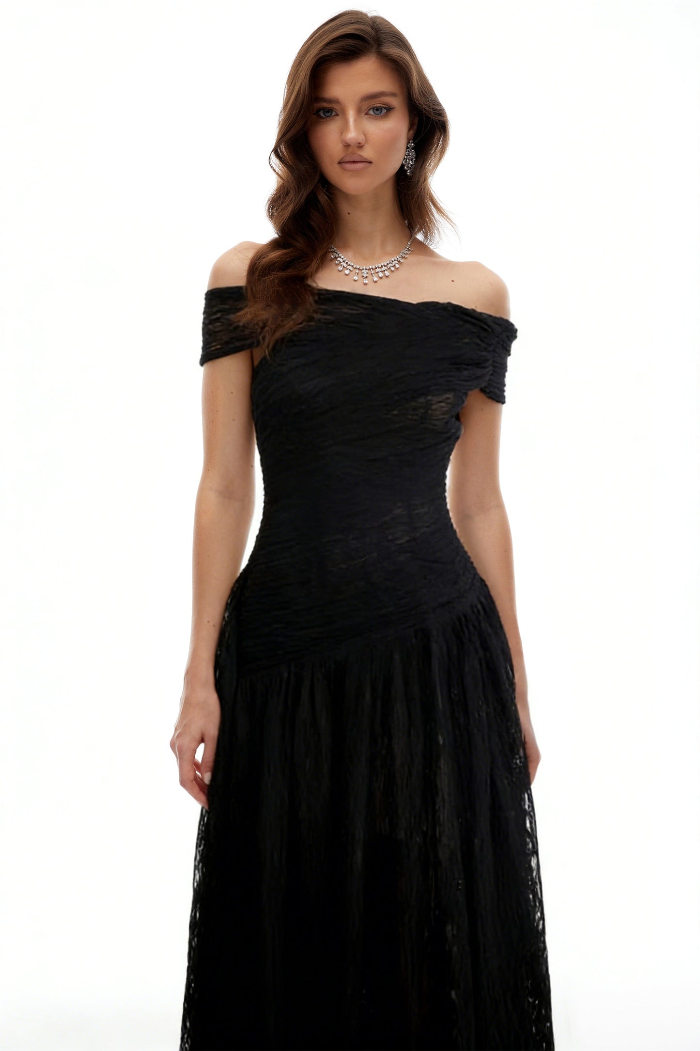 Thale Black Asymmetrical Textured Ruched Midi Dress
