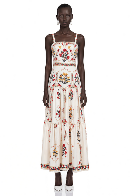Delilah Cream Floral Print Midi Dress with Spaghetti Straps