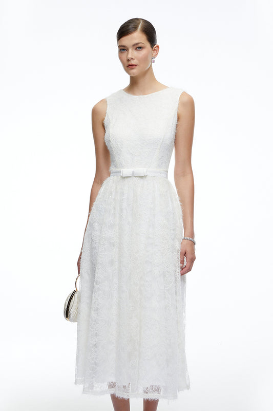 Thea White Textured Sleeveless Midi Dress with Fringe