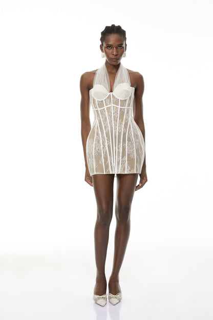 Thembeka White Halterneck Lace Mini Dress