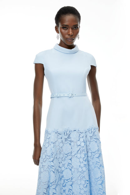 Theodora Blue Floral Lace Midi Dress