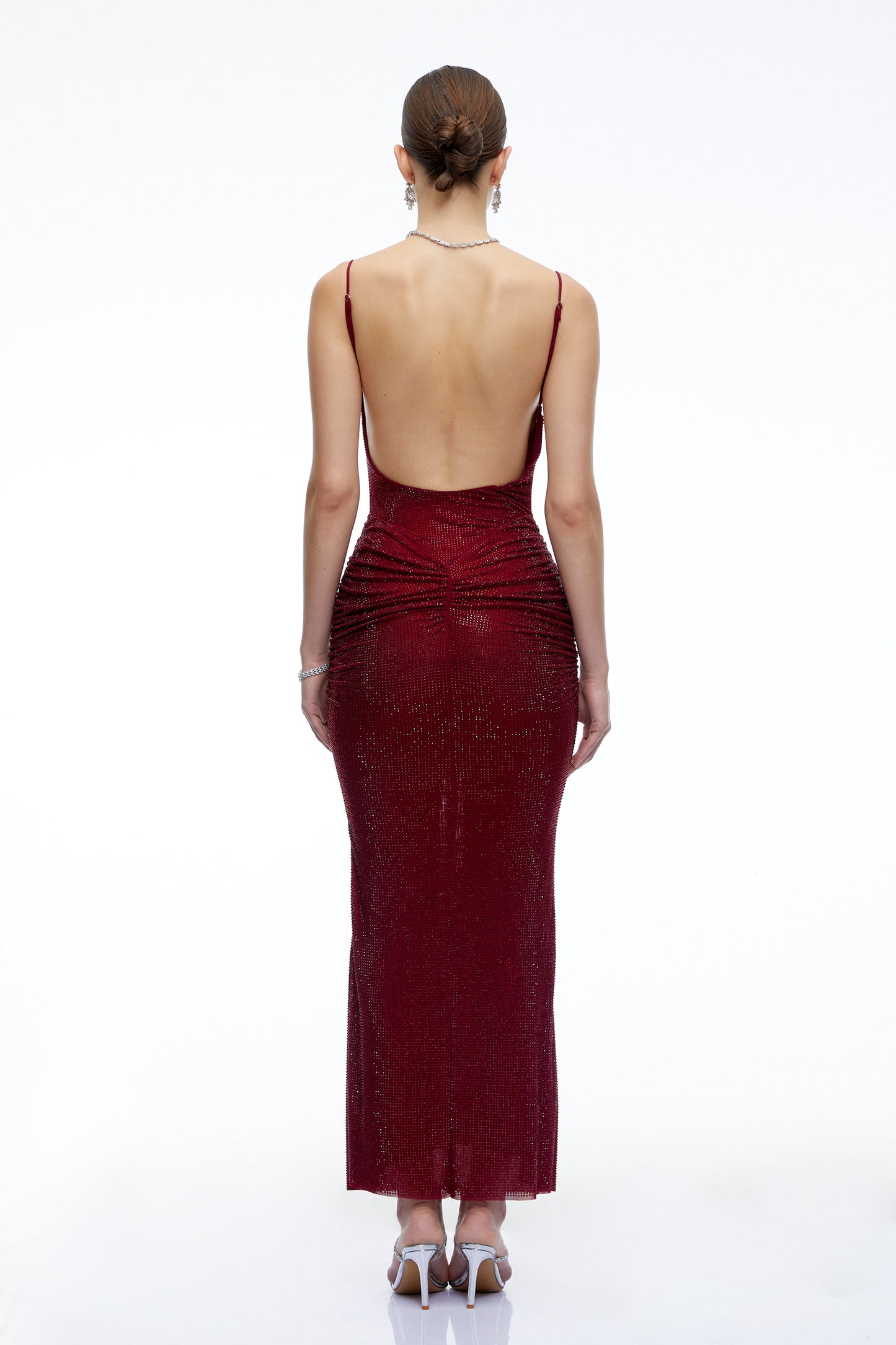 Theresa Burgundy Rhinestone Ruched Maxi Dress