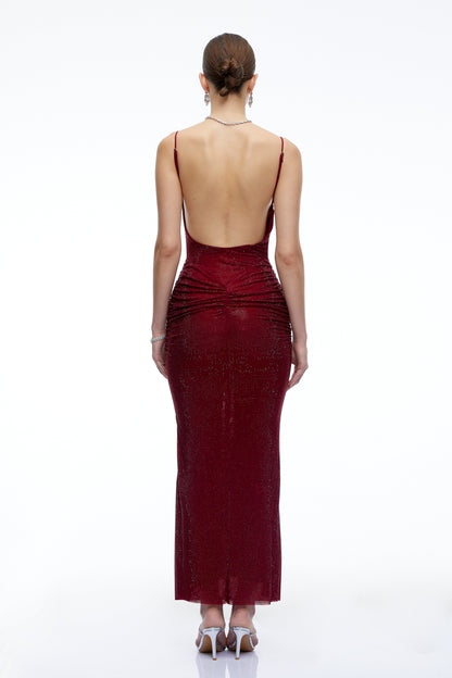Theresa Burgundy Rhinestone Ruched Maxi Dress