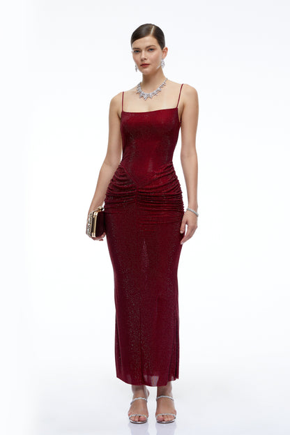 Theresa Burgundy Rhinestone Ruched Maxi Dress