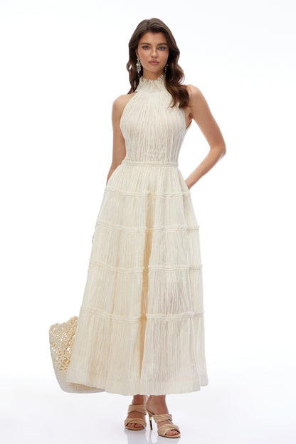 Elizabeth White Halterneck Frilled Maxi Dress