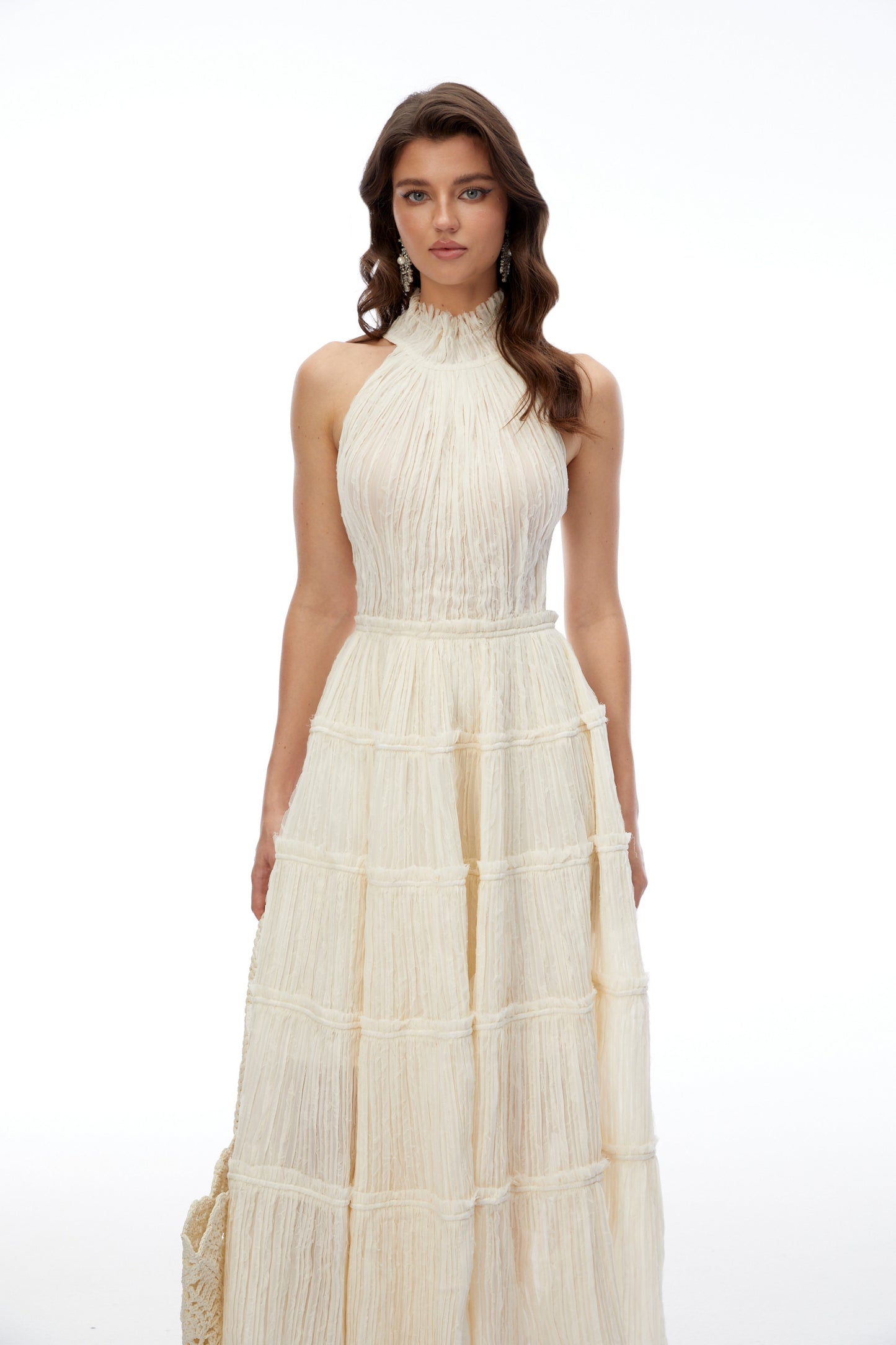 Elizabeth White Halterneck Frilled Maxi Dress
