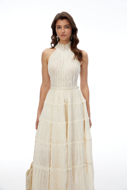 Elizabeth White Halterneck Frilled Maxi Dress