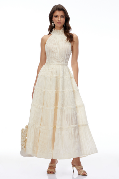 Elizabeth White Halterneck Frilled Maxi Dress