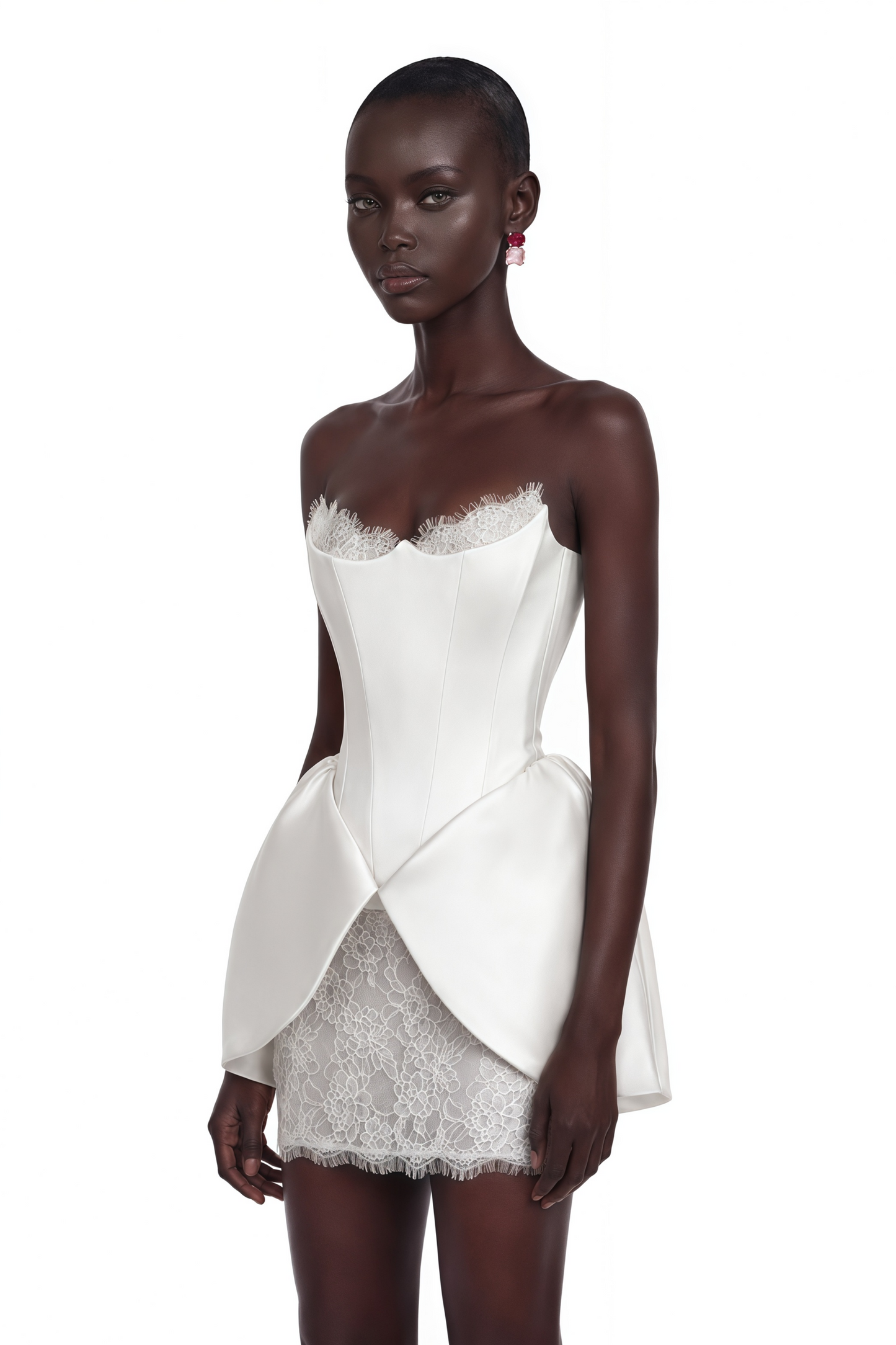 Tiphaine White Sweetheart Lace Ruffled Mini Dress