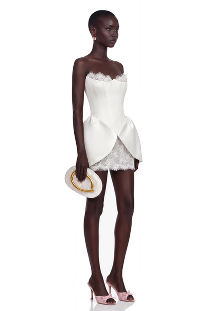 Tiphaine White Sweetheart Lace Ruffled Mini Dress