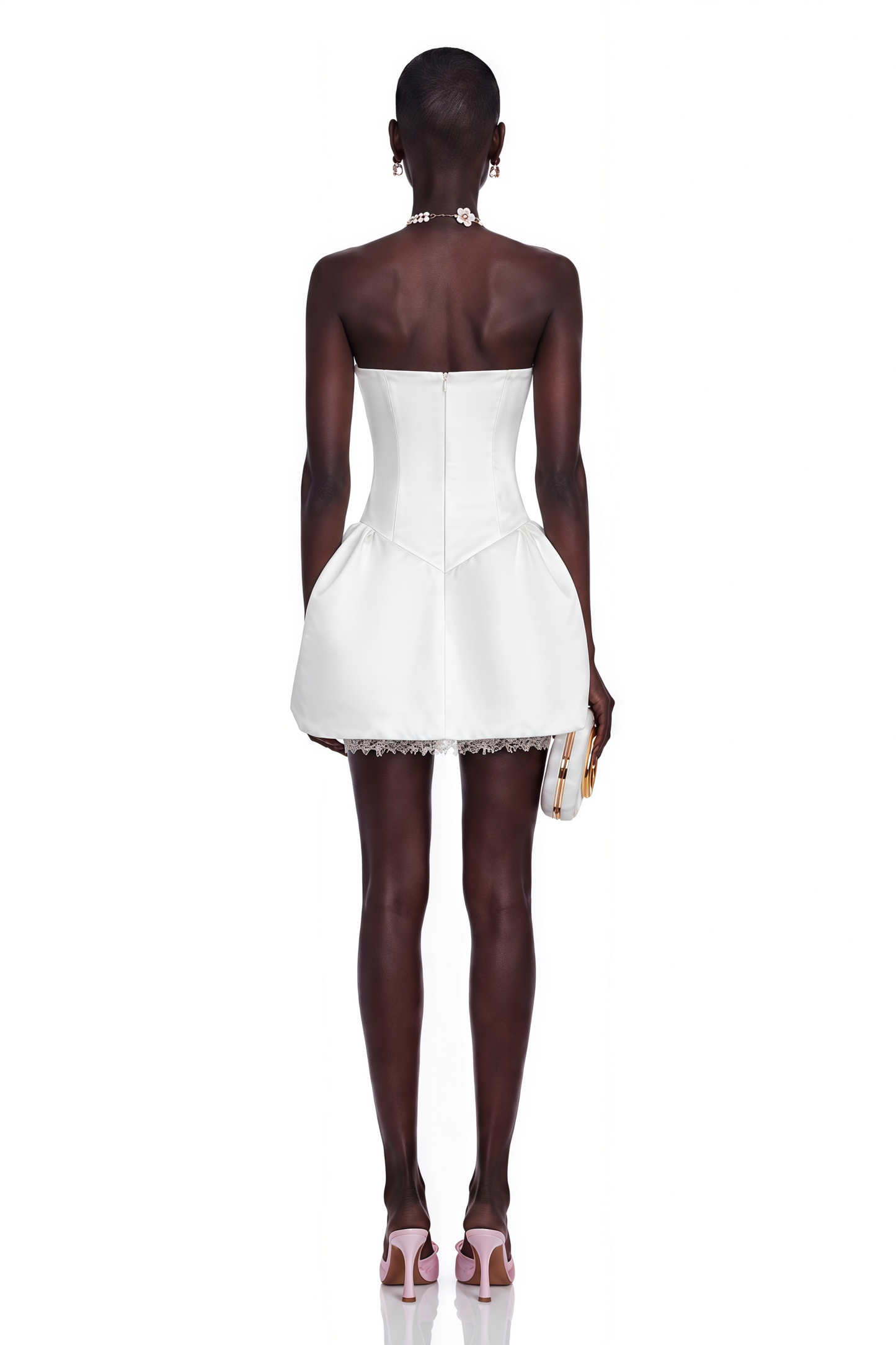 Tiphaine White Sweetheart Lace Ruffled Mini Dress