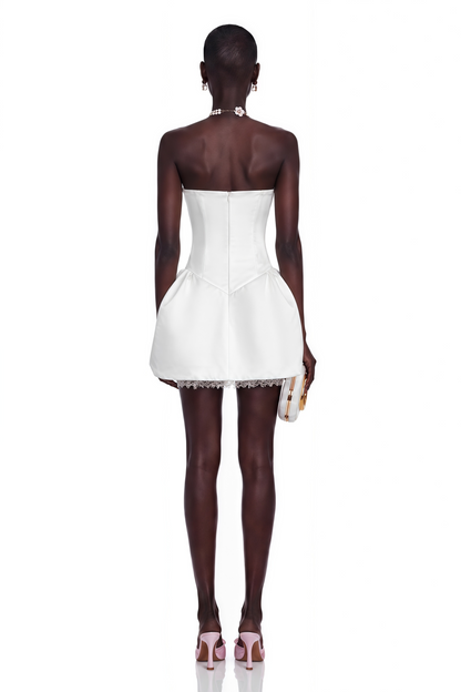 Tiphaine White Sweetheart Lace Ruffled Mini Dress