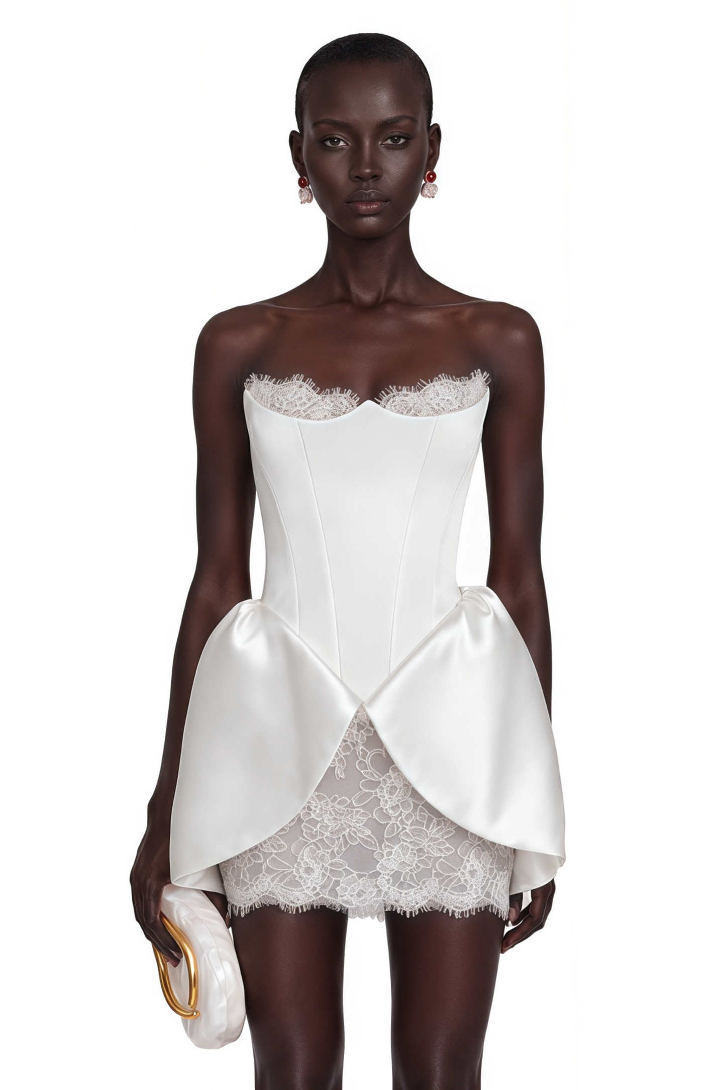 Tiphaine White Sweetheart Lace Ruffled Mini Dress