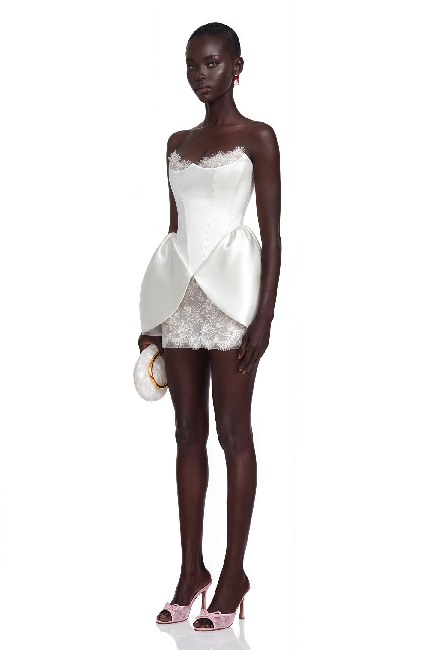 Tiphaine White Sweetheart Lace Ruffled Mini Dress